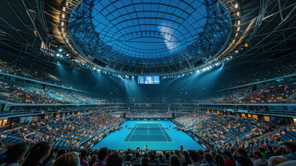 A night-time tennis match in a large, packed indoor stadium with a retractable roof and blue court.