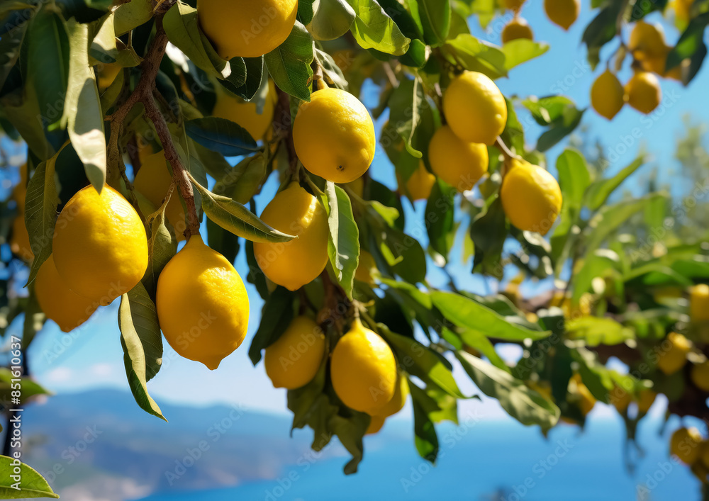Poster a tree with many lemons on it. the lemons are hanging from the tree and are dripping water. the scen