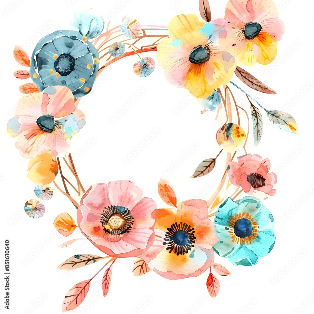 Wall mural hand drawn flowers wreath isolated on white background - Wall murals