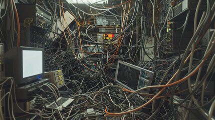 A dense entanglement of cables and computers represents the complexity and chaos of a high-tech server room filled with equipment.