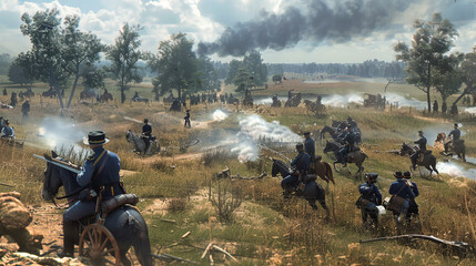 Historical reenactment of a battle scene unfolds with soldiers on horseback and foot, amidst a landscape filled with drama and intensity.