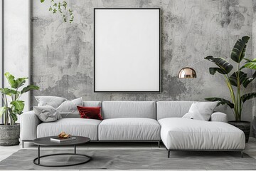 Modern Living Room Interior Design With White Sofa and Large Blank Canvas