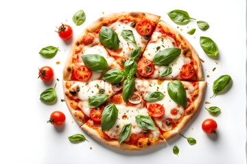 Italian pizza with melted mozzarella cheese green olives and tomato garnished with fresh vegetables and basil leaves.isolated on white background