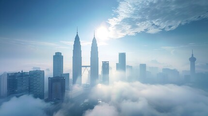 Obraz premium Commercial photohraph, Capture a real photography scene of KLCC Tower during the morning, viewed from a distance. Choose a simple landscape with white clouds against a clear blue sky.generative ai