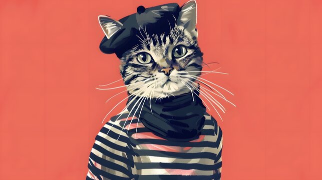 A tabby cat wearing a beret and striped shirt, looking directly at the viewer with a curious expression.