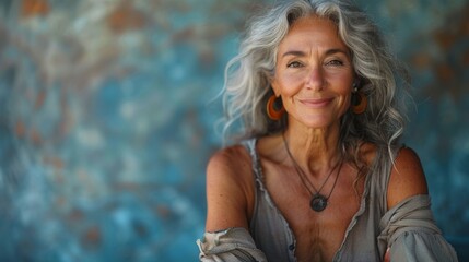 Naklejka premium A cheerful mature woman with long gray hair and colorful backdrop poses with confidence