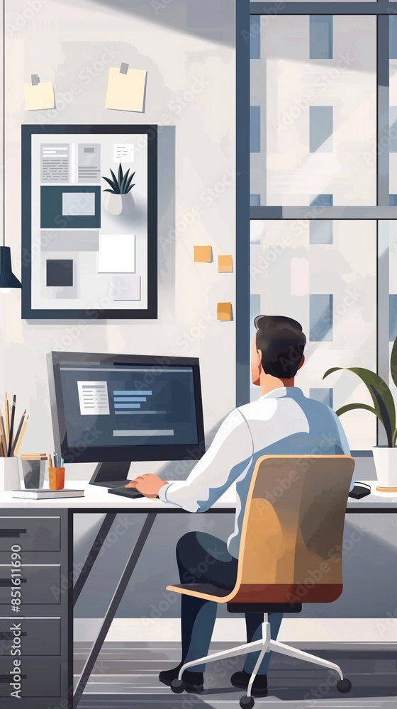 Aufkleber a businessman is working on a report and chart for business data analysis. vector flat illustration.