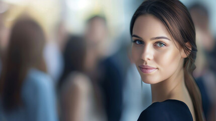 Obraz premium A woman with a serene expression stands out against a soft-focus backdrop of people, conveying a sense of calm and poise.