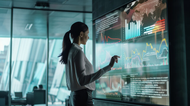 A businesswoman analyzing colorful graphs and data on a large digital screen in a modern office, depicting high-tech and strategic planning.