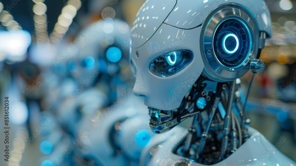 Poster close-up of a row of futuristic robots with blue lights and mechanical details, highlighting advance