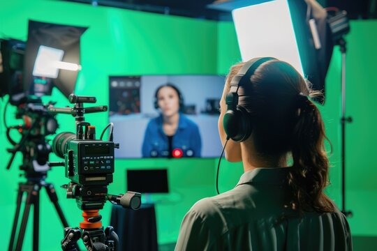 Professional skilled producer or camera man looking at monitor display video recording and taking video at studio. Energetic smart journalist conducting and taking video of interview section. AIG42.