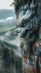 Fototapeta premium Majestic Dragon Carved into Cliff Face Overlooking Peaceful Mountain Valley Village