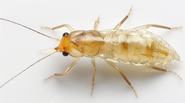 Close-up macro view of a small psocoptera booklouse insect, also known as paper mites, isolated on a pure white background, highlighting its delicate features.