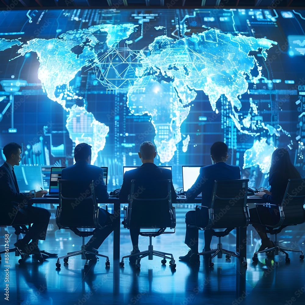 Poster multinational video conference with global business participants analyzing data and strategizing