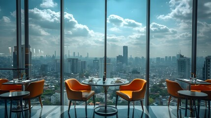 Business Luncheon at Rooftop Restaurant with Panoramic City Views