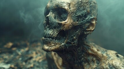A decaying skull in a smoke-filled, dark, eerie environment, inducing a sense of horror and decay
