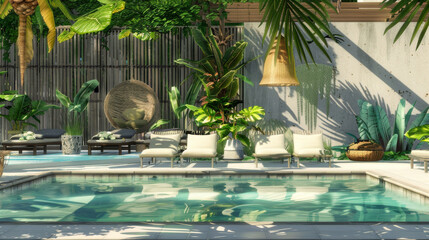 A serene poolside scene in a tropical garden with lush foliage, comfortable lounge chairs, and soothing sunlight.