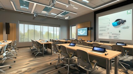 A corporate training room with interactive touch tables, virtual reality headsets, and a digital whiteboard for immersive learning experiences