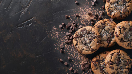 A cluster of rich chocolate chip cookies lies on a charming, rustic surface, surrounded by sprinkled chocolate bits, evoking a warm, homemade charm.