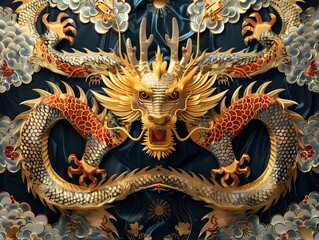 Fototapeta premium Mystical Chinese Dragon Emerging from Ornate Royal Tapestry Backdrop