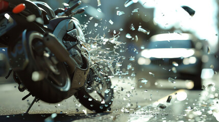 The aftermath of a high-speed motorcycle crash with glass shards suspended in the air and a blurred background, highlighting the violence and suddenness of the impact.