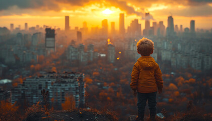 Child Observing Cityscape at Sunset. A young boy in a yellow jacket stands on a hill overlooking a sprawling city as the sun sets over the horizon