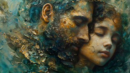 Father and child embracing with closed eyes.