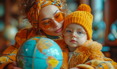 Fototapeta premium Woman And Child Holding Globe In Yellow Outfits. A woman and a child, both wearing yellow outfits and glasses, are holding a globe.