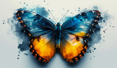 Watercolor Butterfly With Sky And Sunset Wings. A digital art painting of a colorful butterfly with its wings depicting a sky and sunset.