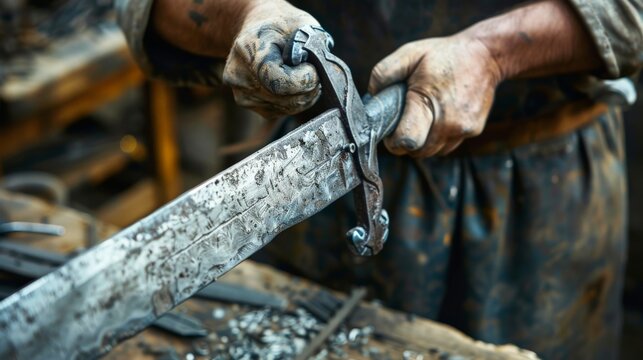 A blacksmith handcrafting a steel sword in a workshop. The image captures the detailed process of forging and shaping metal with tools.