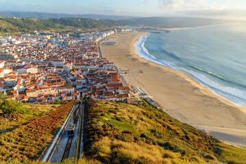 Aerial view of Nazare city and Praia da Nazare Beach, Portugal