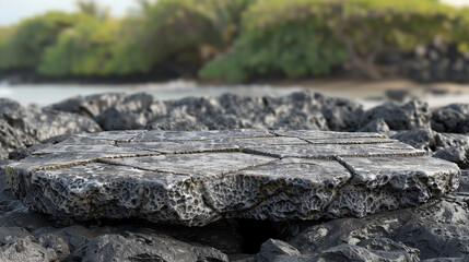 Fototapeta premium Flat small stone podium on rock platform illustration, gray rock