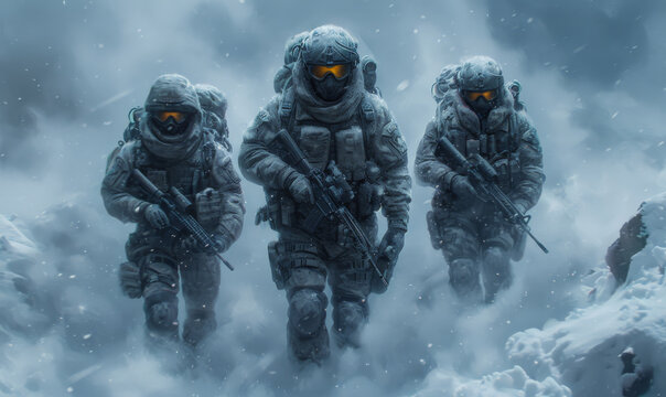 Soldiers Advancing Through Snowy Landscape. Three soldiers in winter camouflage gear advance through a snowy, foggy landscape, armed with rifles and wearing protective gear.