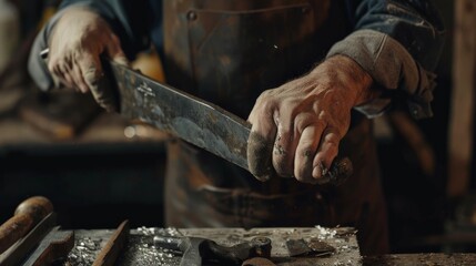 A skilled craftsman shaping a blade in his workshop, embodying the art of traditional craftsmanship and metalwork.