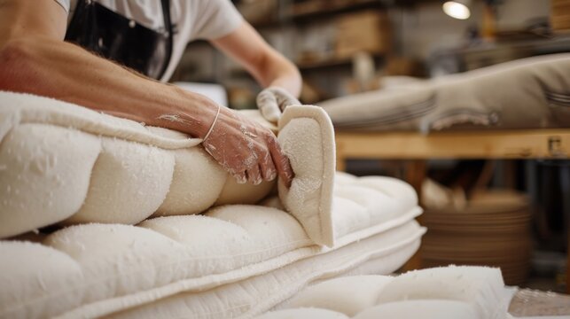 Artisan crafting a high-quality mattress in a workshop, showcasing detailed handwork and impeccable craftsmanship in the mattress industry.