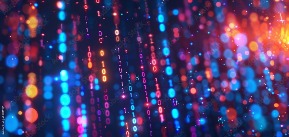 Aufkleber Glowing binary code and data flow create an abstract background representing cyberspace, illustrating a digital technology concept in an abstract futuristic style with a bokeh effect.