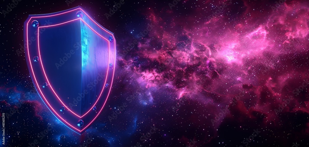 Poster Galaxy background and neon light illuminate a 3D low poly wireframe shield, featuring a futuristic design with pink and blue colors for a striking visual effect.