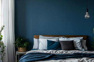 Interior Bedroom Mockup, A Dark Blue Accent Wall In A Cozy Bedroom With Minimalistic Furniture, Wall Mockup, 3d Render Real Room Template