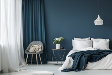 Interior Bedroom Mockup, A Dark Blue Accent Wall In A Cozy Bedroom With Minimalistic Furniture, Wall Mockup, 3d Render Real Room Template