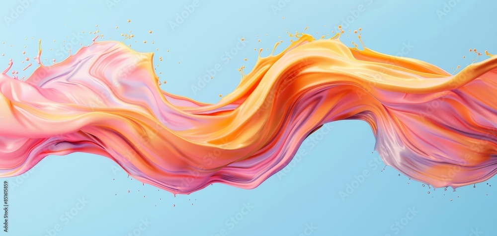 Poster Pink and orange liquid paint splashes create a colorful wave shape with a reflection, isolated on a blue background, resulting in a vibrant and dynamic abstract visual.