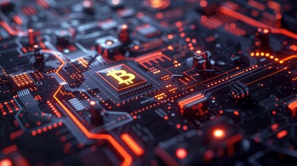 Fototapeta premium Close-up of a Bitcoin symbol on a futuristic circuit board, representing cryptocurrency technology and digital finance.
