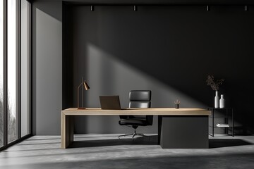 Interior Office Room, A Dark Gray Wall In A Contemporary Office With A Sleek Desk, Wall Mockup, 3d Render Real Room Template