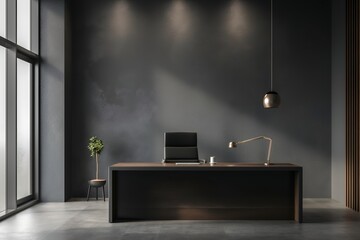 Interior Office Room, A Dark Gray Wall In A Contemporary Office With A Sleek Desk, Wall Mockup, 3d Render Real Room Template