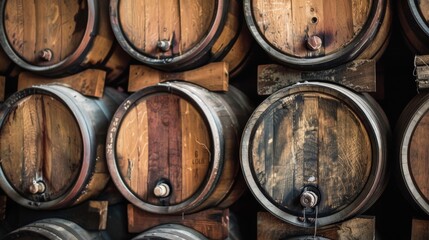 Rows of aged wooden wine barrels creating a rustic backdrop