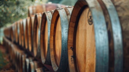 Rows of aged wooden wine barrels creating a rustic backdrop