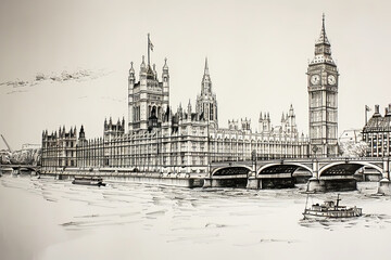 Obraz premium Hand Drawn London Scene. Generated image. A digital illustration of a hand drawn scene from London, England.