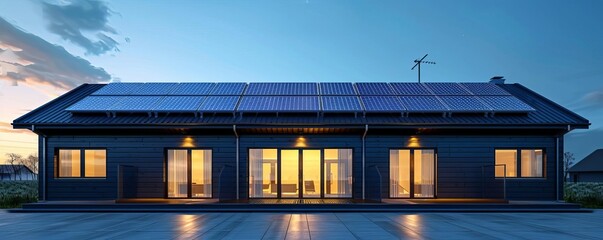 Community center with rooftop solar panels, front view, illustrating shared renewable resources, cybernetic tone, Monochromatic Color Scheme