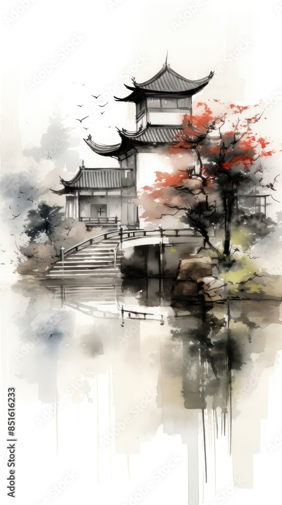 Poster ink painting minimal of architecture building outdoors pagoda.