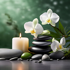 Zen stones, candles and a white orchid flower on a green and gray background with the concept of massage, spa and body care