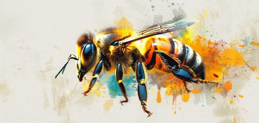 Artistic mixed media collage of a honey bee, featuring a pattern background, vintage shabby chic style, and vivid colors, depicted as clipart on a white background.